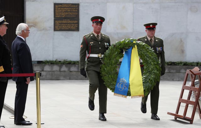 King Carl XVI Gustaf during the wreath laying ceremony in Dublin 