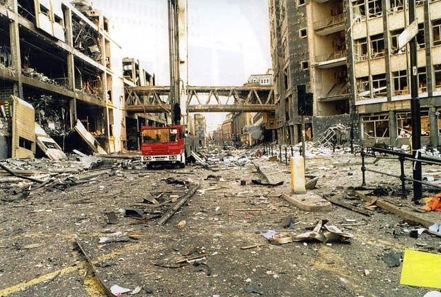 The scene in Manchester after an IRA bomb devastated the city and injured more than 200 
