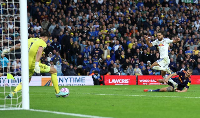 Dominic Calvert Lewin shoots at goal for Leeds against Newcastle