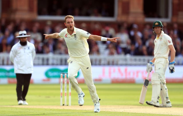 England's Stuart Broad celebrates dismissing Australia's David Warner for the third time this series