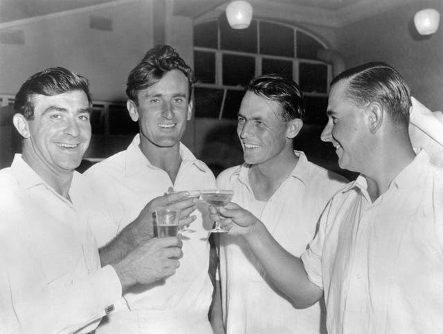 Ted Dexter celebrates an England victory with Fred Trueman, David Sheppard, and Colin Cowdrey