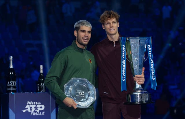 Carlos Alcaraz, left, and Jannik Sinner at the ATP Finals