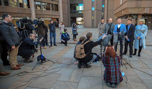 Chris Unsworth, Micky Fallon and Steve Waltersaddress the media after the trial ended (Peter Byrne/PA)
