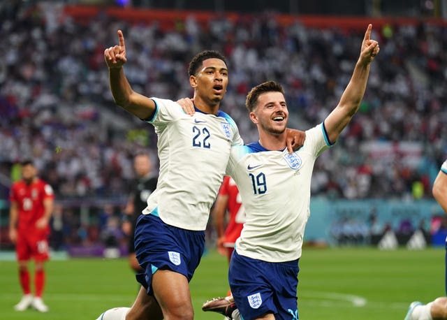 Jude Bellingham, left, scored England's opening goal of the tournament