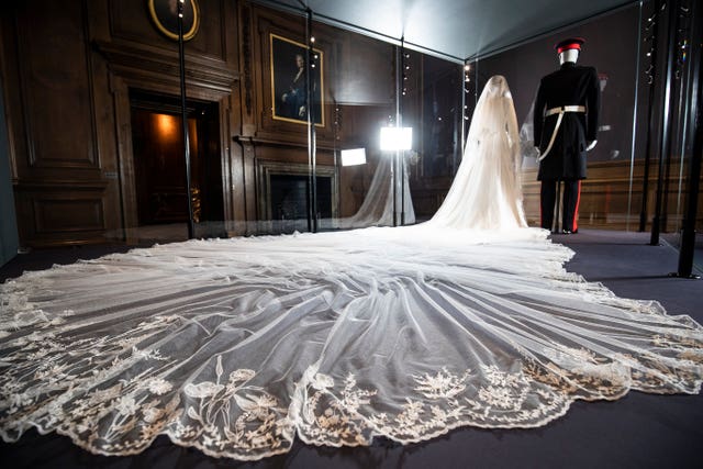 A display of the Duke and Duchess of Sussex’s wedding outfits at the Palace of Holyroodhouse, Edinburgh 