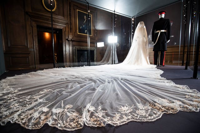 A display of the Duke and Duchess of Sussex’s wedding outfits at the Palace of Holyroodhouse, Edinburgh