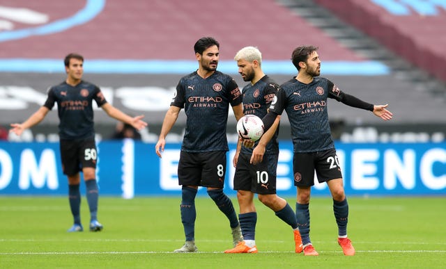 Sergio Aguero, second right,  has struggled with injury this season