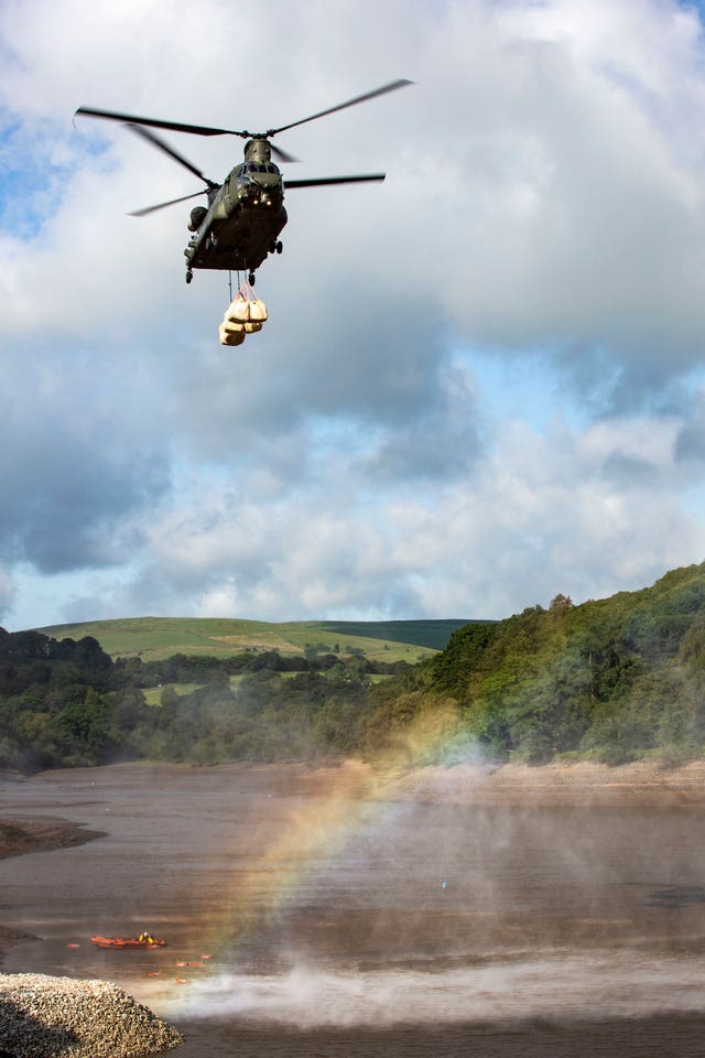 An RAF Chinook over Toddbrook Reservoir