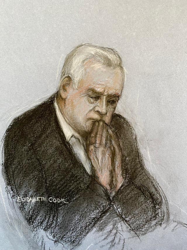 Court sketch of former BBC broadcaster Huw Edwards in the dock at Westminster Magistrates’ Court