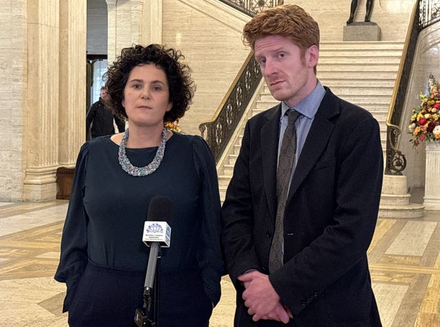 SDLP leader Claire Hanna and Official Opposition leader Matthew O’Toole speak to the media at Parliament Buildings, Stormont, in Belfast