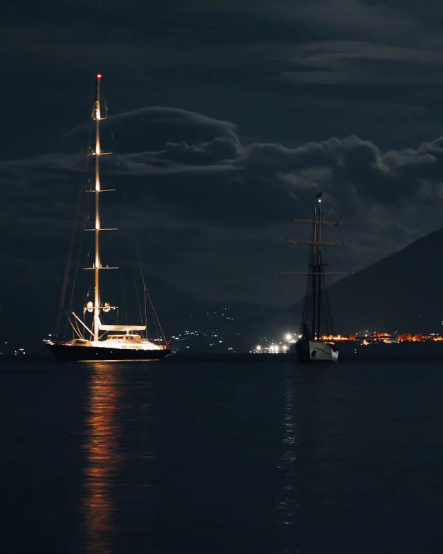 The superyacht Bayesian pictured in the dark