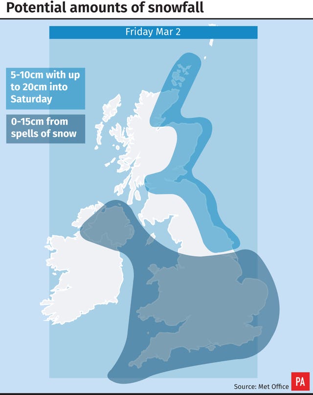 Potential amounts of snowfall for Friday 