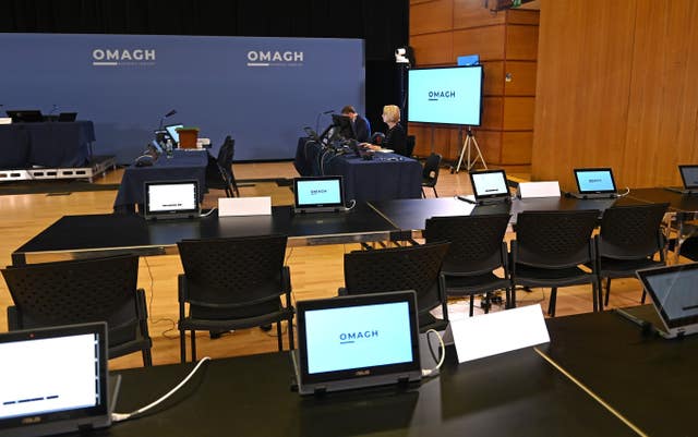 The hearing room at the Strule Arts Centre in Omagh, Co Tyrone, ahead of the first substantive hearing in the Omagh Bombing Inquiry