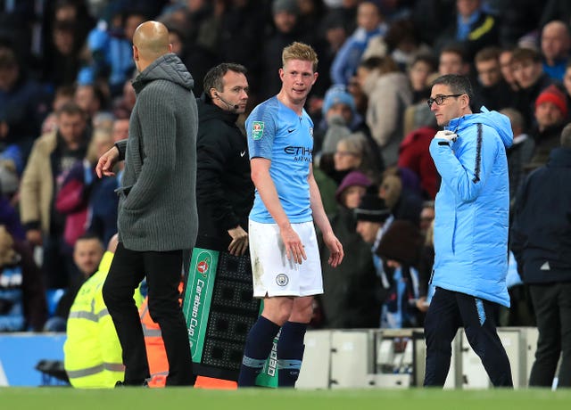 Kevin De Bruyne looks dejected after sustaining his second knee injury in a Carabao Cup win against Fulham in November