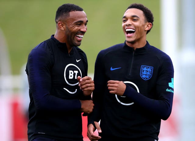 Callum Wilson, left, is all smiles with Trent Alexander-Arnold