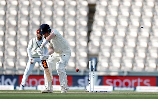 Dom Bess is bowled by West Indies’ Shannon Gabriel