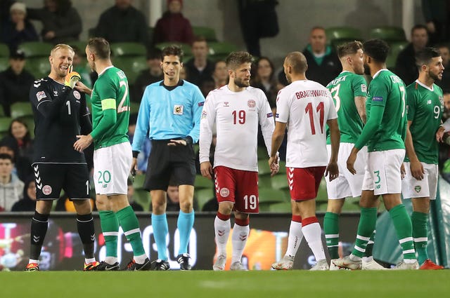 Denmark goalkeeper Kasper Schmeichel had heated words with Republic players after Jeff Hendrick's controversial early chance (Niall Carson/PA).