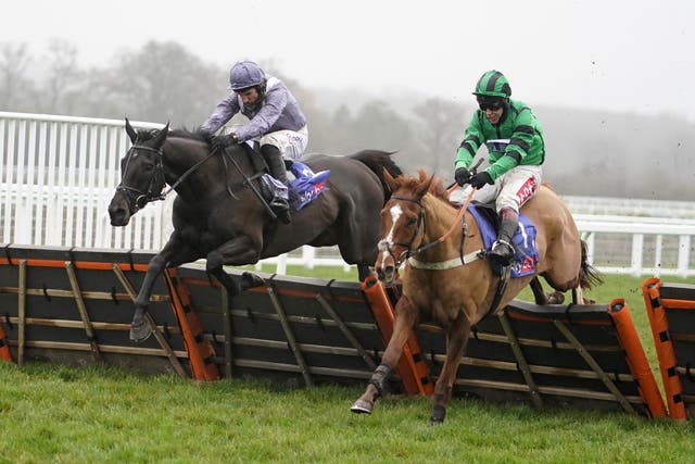 Llandiabo Lad leads My Drogo over the last but could not hold off Dan Skelton's runner