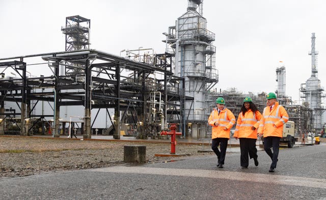 From left, Scottish Secretary Douglas Alexander, Energy Secretary Miatta Fahnbulleh and Chancellor John Healey during a visit to Shell UK’s St Fergus Gas Terminal in Peterhead, Aberdeenshire, following the announcement on the future of the Jackdaw gas field