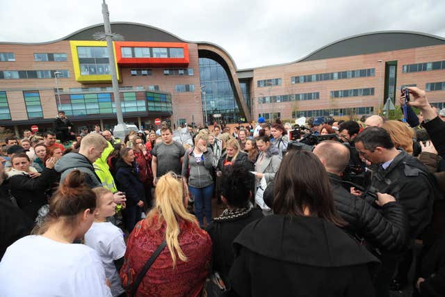 Protesters gather outside Alder Hey Children’s Hospital (Peter Byrne/PA)