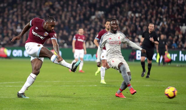 Michail Antonio fires home the equaliser for the home side (Adam Davy/PA).