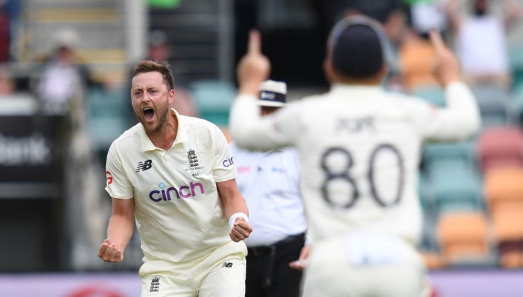 Ollie Robinson celebrates an early wicket