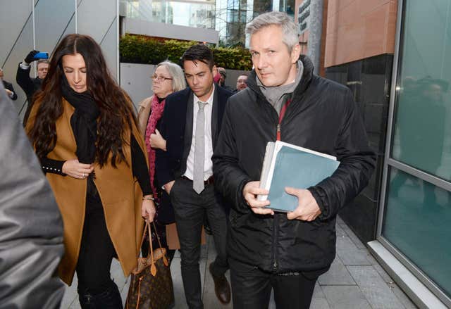 Ex-Coronation Street star Bruno Langley (centre) leaves Manchester Magistrates’ Court, where he was given a 12-month community order for sexually molesting women in a club while drunk.