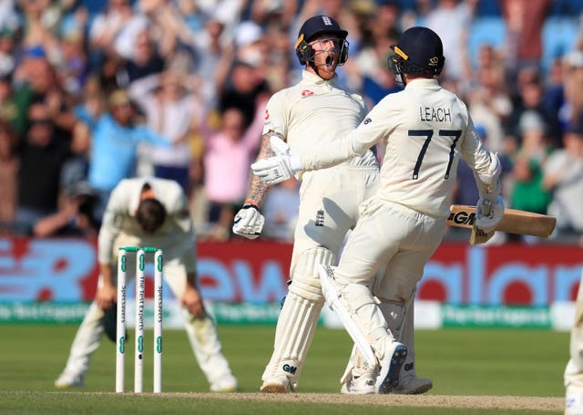 Ben Stokes and Jack Leach celebrate winning the third Ashes Test