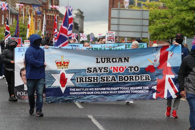 Loyalists take part in an anti-Northern Ireland Protocol rally in Portadown, Co Armagh