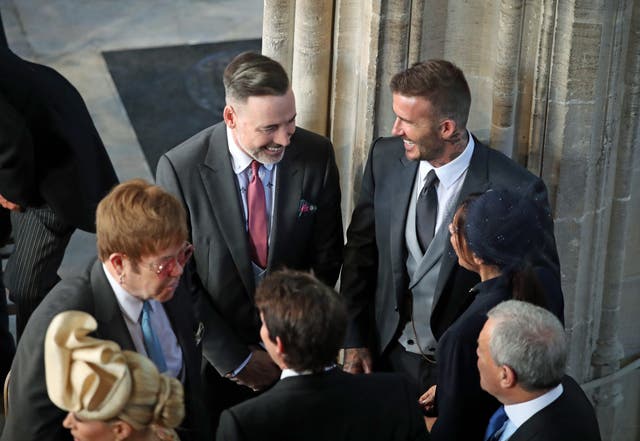 David and Victoria Beckham (both right) talk to Sir Elton John (left) and David Furnish (Danny Lawson/PA)