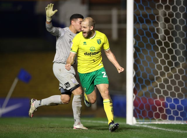 Norwich forward Teemu Pukki celebrates scoring against Birmingham