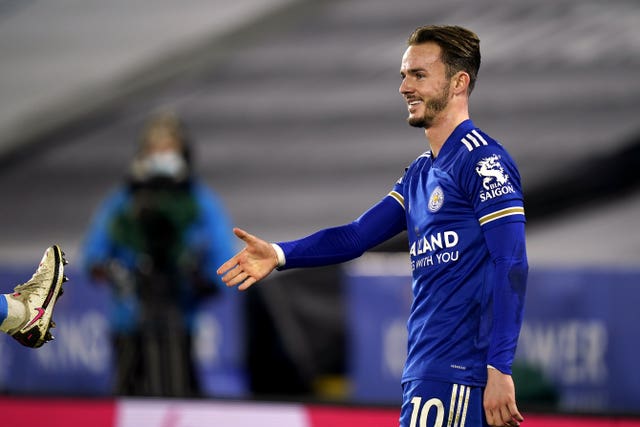 James Maddison pretends to shake hands after scoring Leicester''s opener