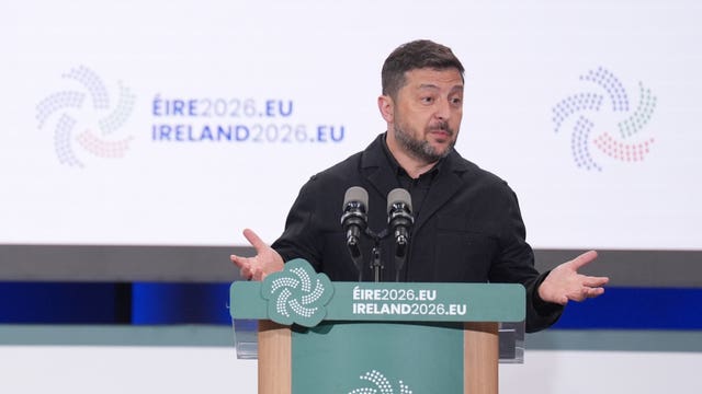 Ukrainian President Volodymyr Zelensky speaks during a joint press conference with Taoiseach Micheál Martin at Dublin Castle in July