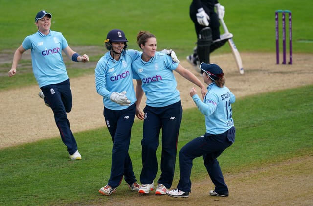 Nat Sciver (centre) struck after the rain delay 