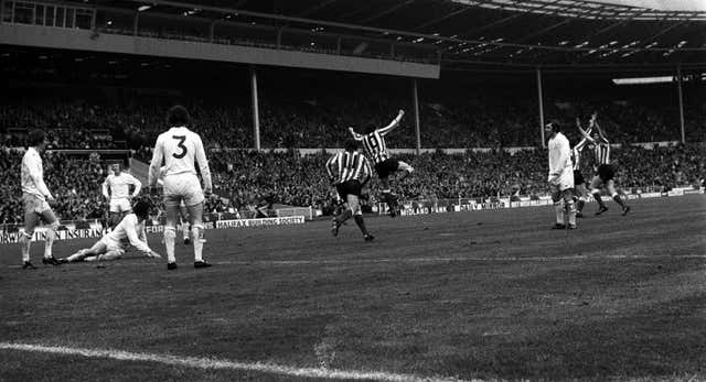 Leeds players, including Trevor Cherry (number three) watch Ian Portersfield score the only goal in the 1973 FA Cup final 