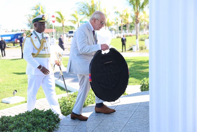 The King lays a wreath at the Flamingo Monument, in tribute to the four Bahamian Marines who lost their lives in the sinking of HMBS Flamingo on May 10 1980, during a visit to Royal Bahamas Defence Force (RBDF) at Coral Harbour Base in Nassau