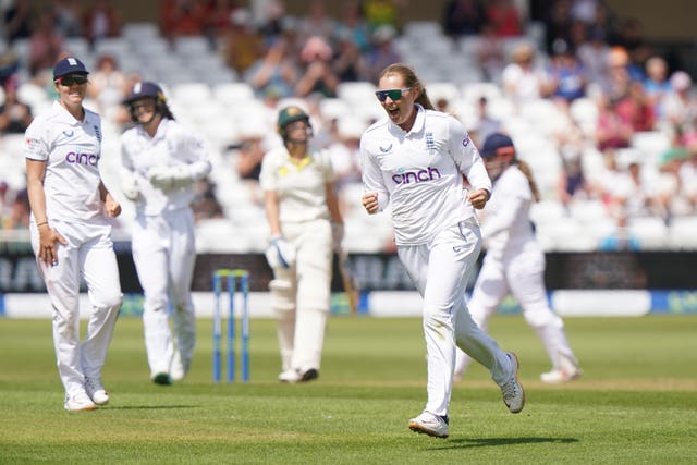 Sophie Ecclestone celebrates taking the wicket of Darcie Brown to complete a five-wicket haul