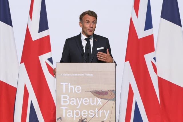 French President Emmanuel Macron speaking during a visit to the Bayeux Tapestry Exhibition at the British Museum