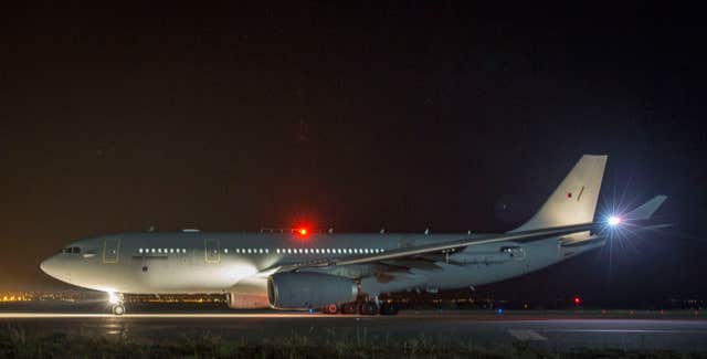 An RAF Voyager taking-off on a sortie at RAF Akrotiri to conduct strikes in Syria (Cpl L Matthews/PA)