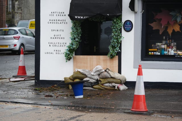 Sandbags outside shop doorways in Largs after Storm Boelo passed through the area