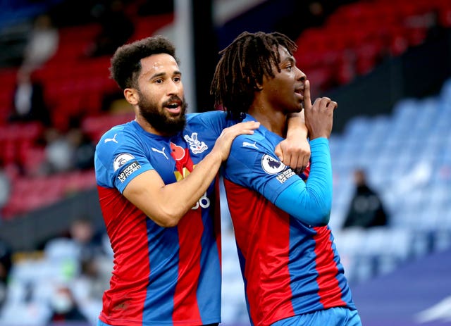 Eberechi Eze (right) celebrated his first goal for Crystal Palace with a fine free-kick
