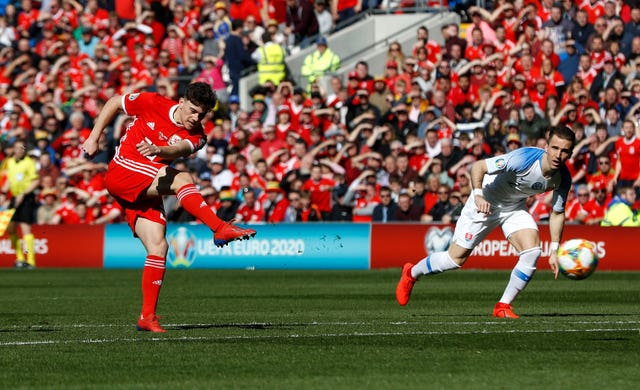 Daniel James pictured scoring his first senior goal for Wales against Slovakia in March