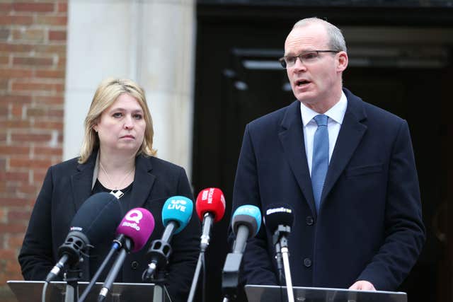 Northern Ireland Secretary Karen Bradley and Irish foreign affairs minister Simon Coveney speaking to the media at Stormont (Brian Lawless/PA)