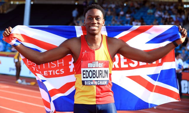 Ojie Edoburun celebrates his surprise 100m at the British Championships in Birmingham