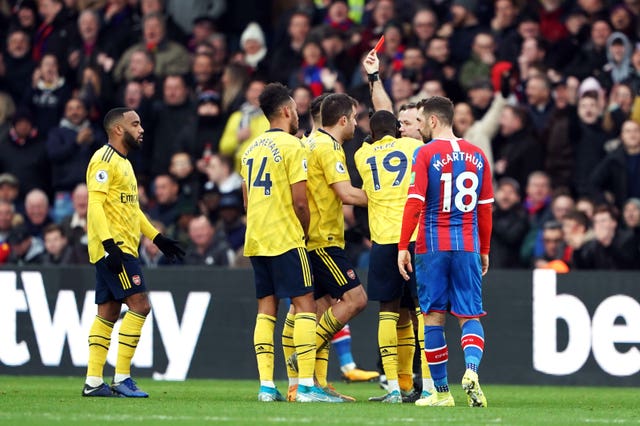 Pierre-Emerick Aubameyang (second left) was sent off at Selhurst Park 