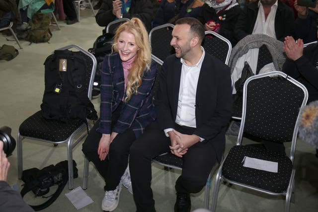 Green leader Zack Polanski sits with Hannah Spencer before announcing her as the party’s candidate for the Gorton and Denton by-election