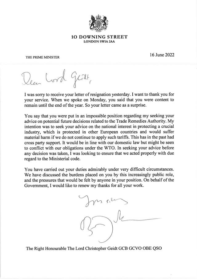 A Downing Street handout photo of the resignation letter by Boris Johnson to Lord Christopher Geidt