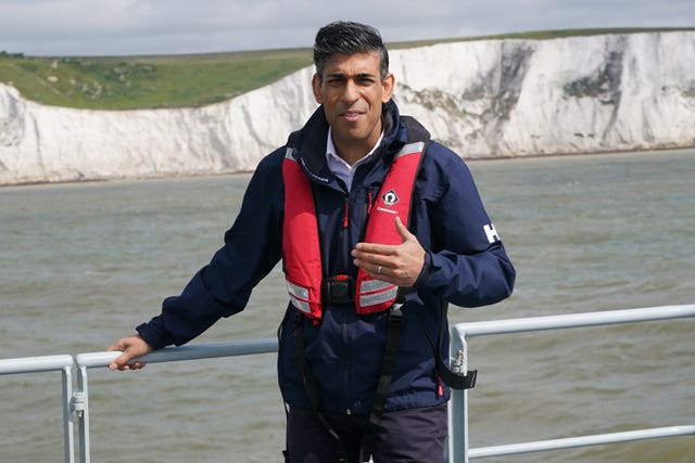 Prime Minister Rishi Sunak onboard Border Agency cutter HMC Seeker during a visit to Dover, ahead of a press conference to update the nation on the progress made in the six months since he introduced the Illegal Migration Bill under his plans to “stop the boats”. Picture date: Monday June 5, 2023.