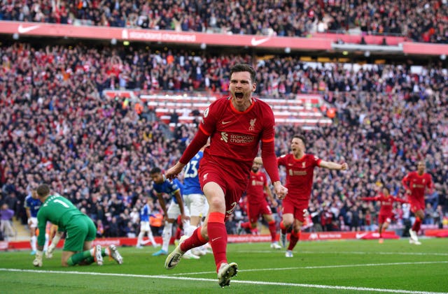 Andrew Robertson celebrates against Everton
