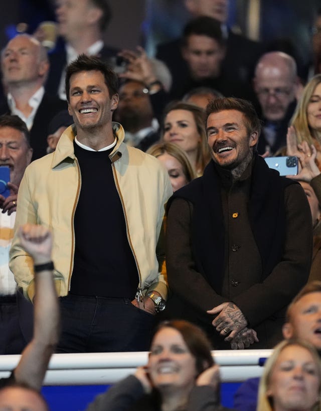 Tom Brady (left) with David Beckham at Birmingham's game with Wrexham